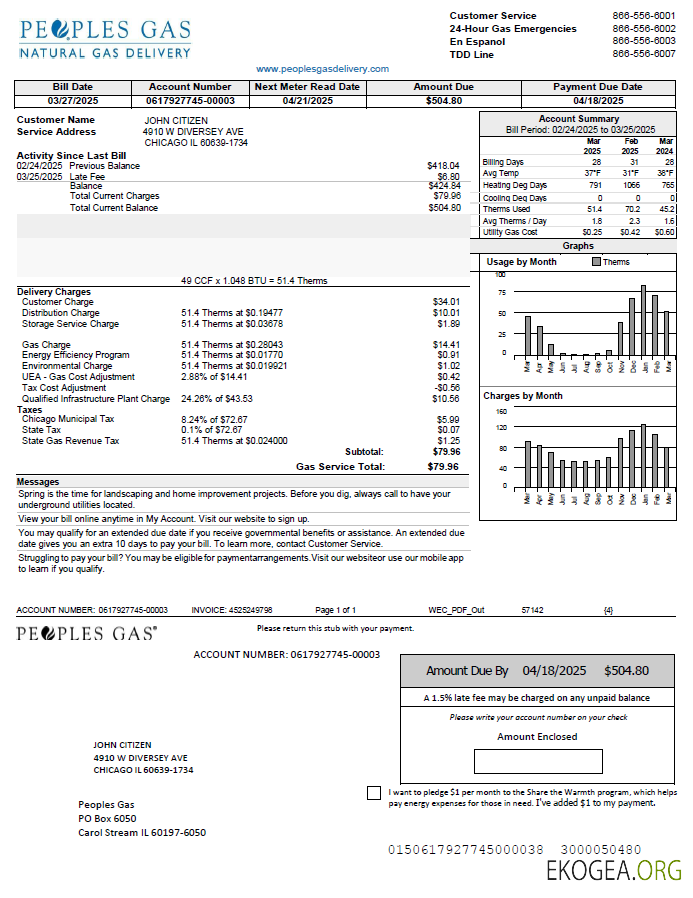 USA Peoples Gas utility bill template in Word and PDF formats, version 2